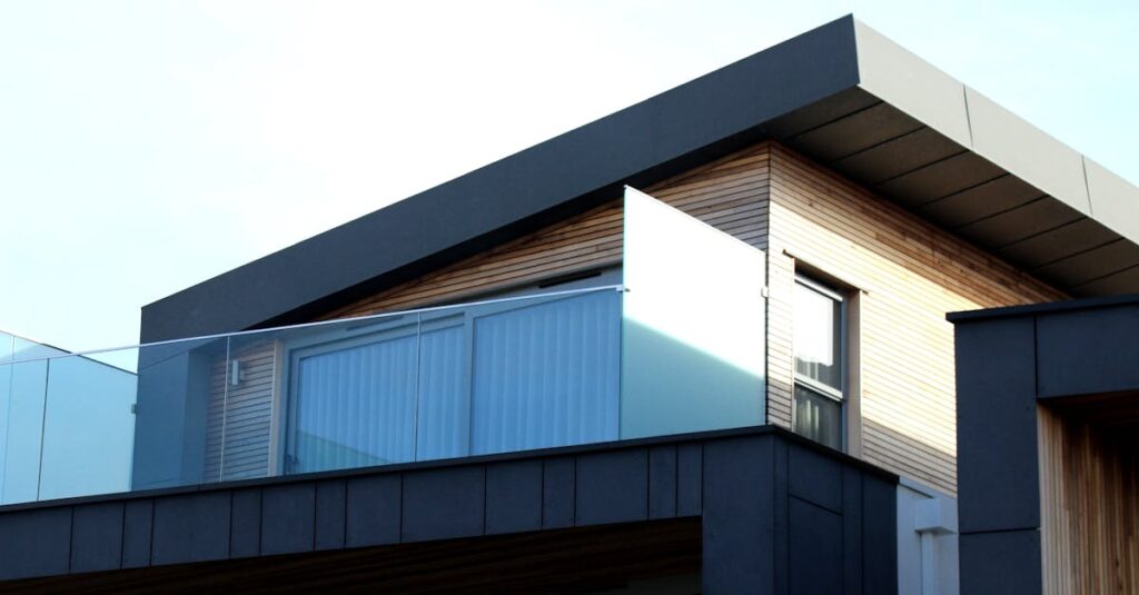 Contemporary building facade with sleek lines and glass elements in Poole, UK.